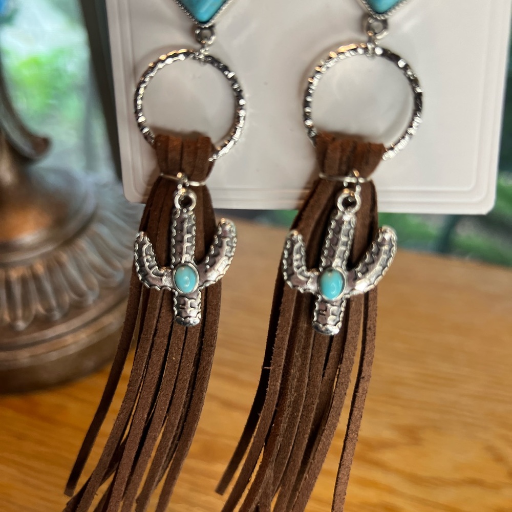 New 5” Western Boho Leather Cactus Post Turquoise Earrings - Picture 3 of 3